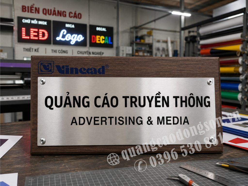 Biển công ty đế gỗ mặt kim loại ăn mòn được thiết kế theo yêu cầu, kết hợp đế gỗ sang trọng với mặt inox hoặc đồng ăn mòn sắc nét. Phù hợp lắp đặt tại văn phòng, phòng giám đốc, quầy lễ tân, khách sạn và doanh nghiệp.